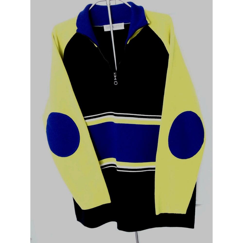 Vtg 70s Mens M Neon Colorblock Wool Sweater Pullover Elbow Patch Henley Mint!